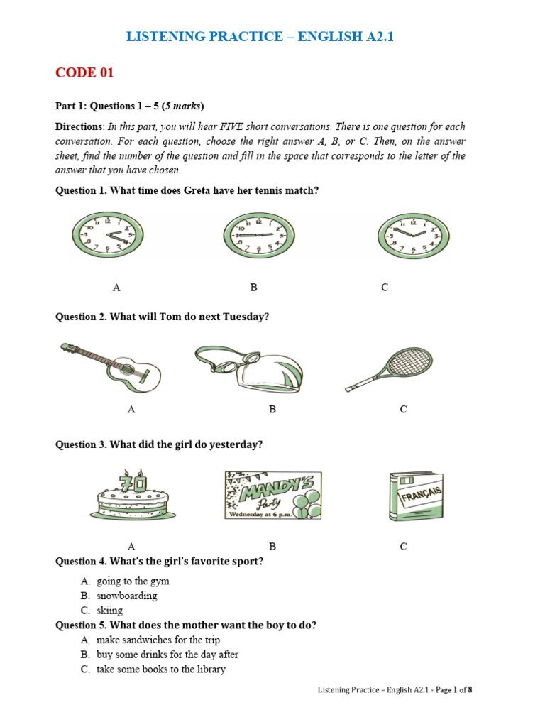 A2 1 Listening Practice Tests Pdf