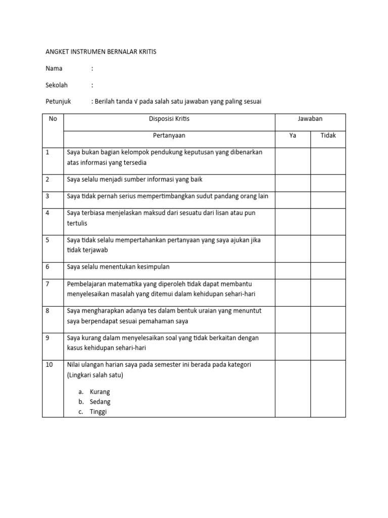 Angket Instrumen Bernalar Kritis | PDF