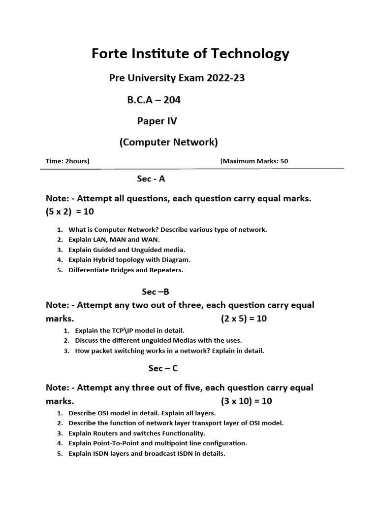 Computer Network Exam Paper 2022-23 | PDF