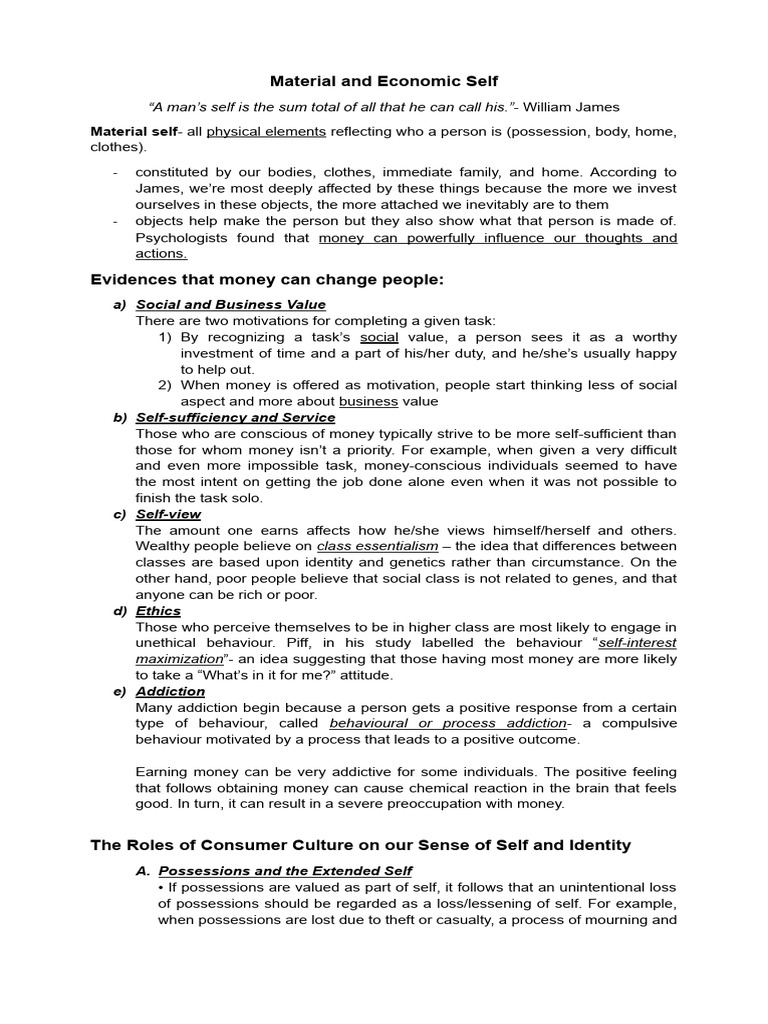 Material and Economic Self Handout | PDF | Behavior | Identity (Social ...