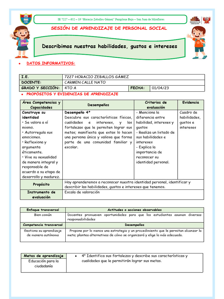 4° Ses PS Lun 1 Identidad Personal Habilidades Intereses y Gustos ...