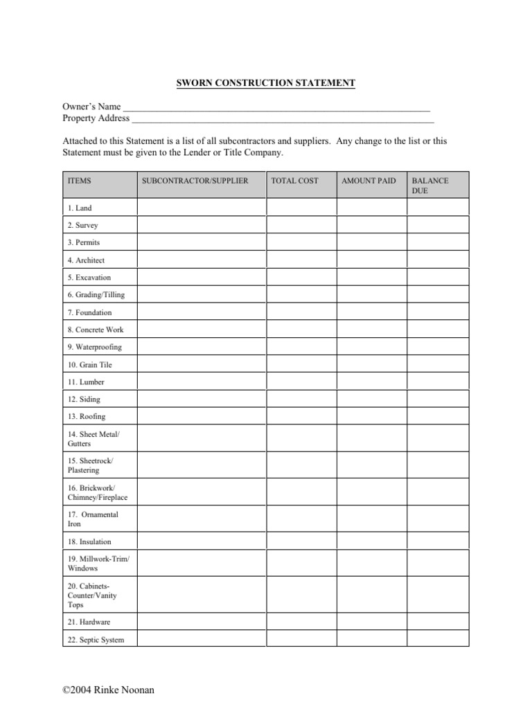 Sworn Construction Statement Template | PDF | Title Insurance | Mortgages