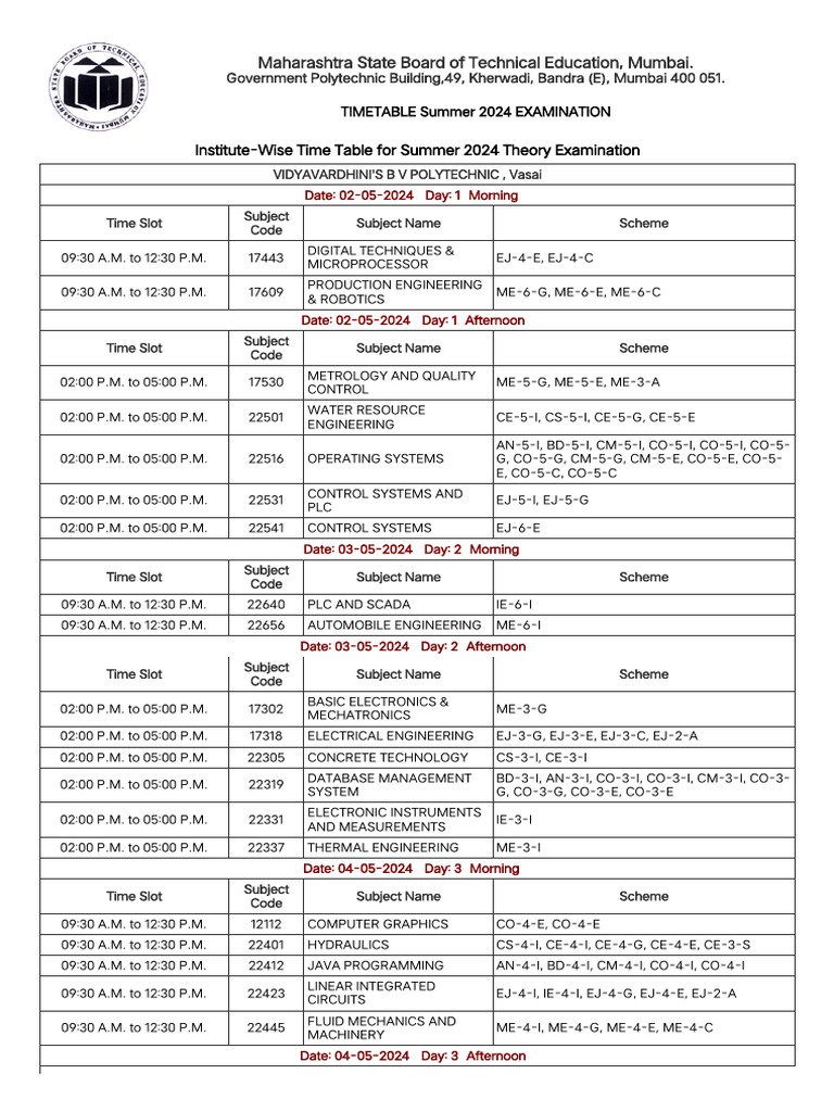 MSBTE Summer 2024 Exam Timetable | PDF | Engineering | Computing