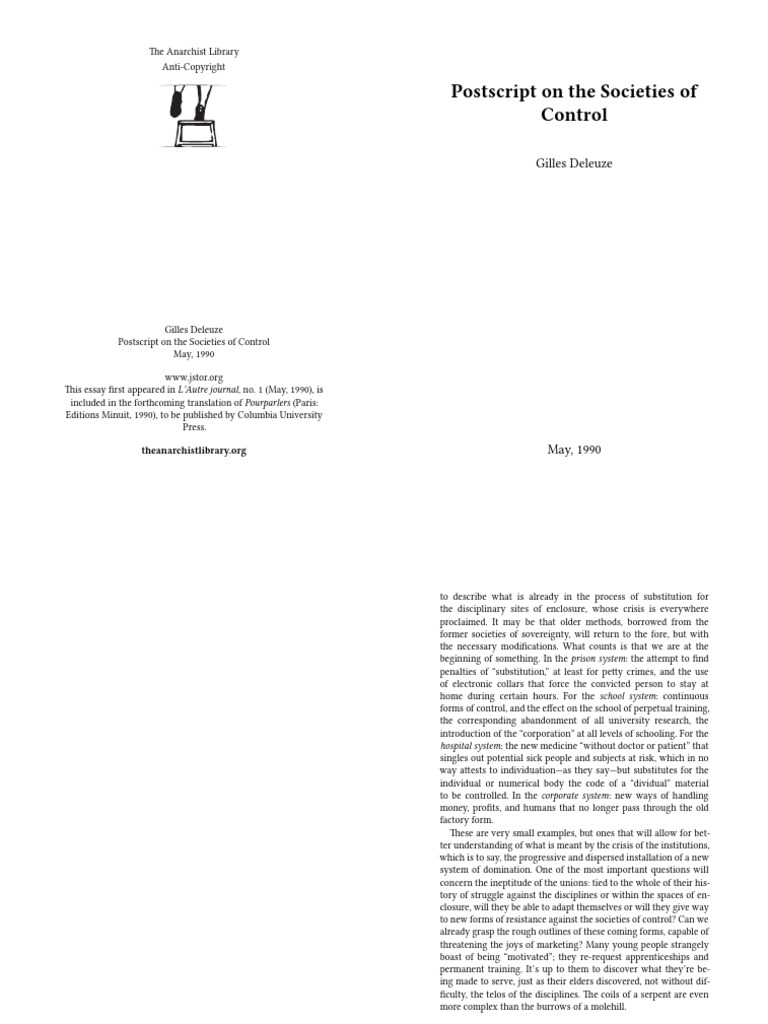 Postscript on the Societies of Control PDF Capitalism