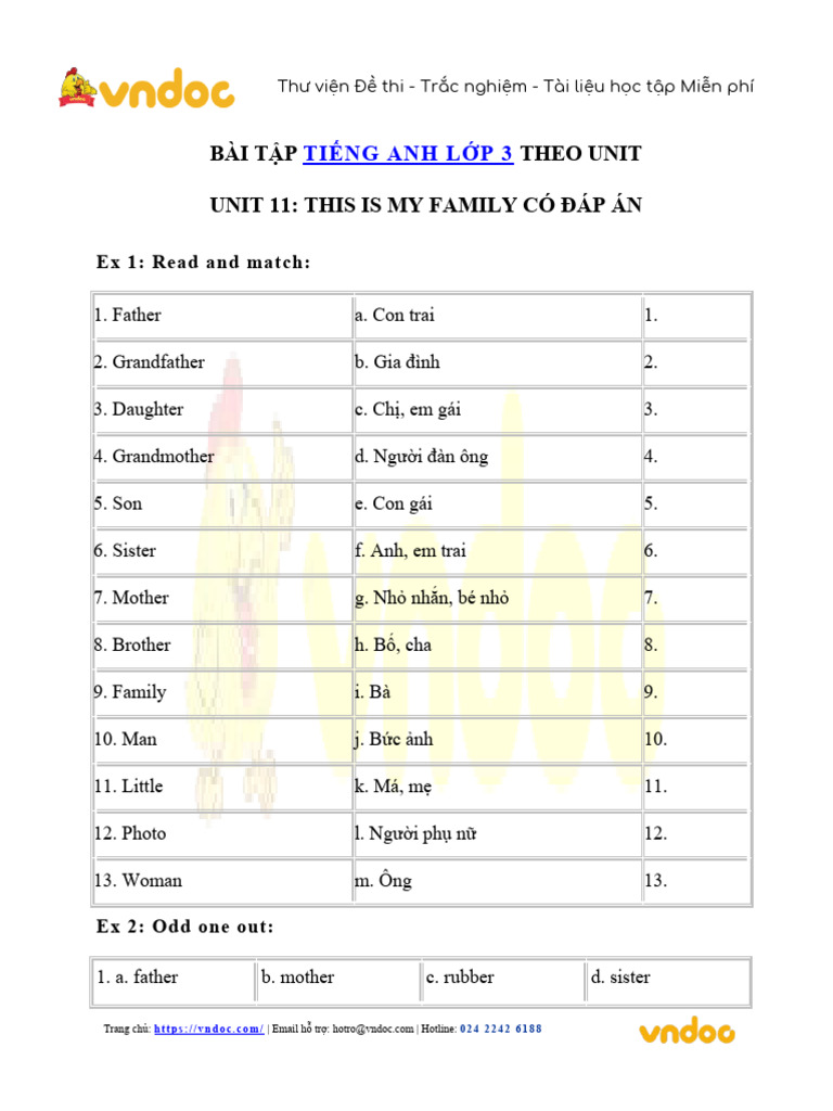 Bai Tap On Tap Tieng Anh Lop 3 Unit 11 This Is My Family | PDF