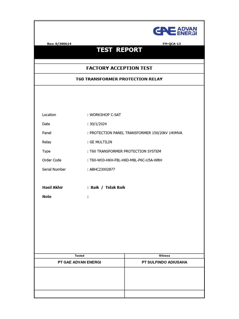 T60 Transformer Protection Test Report | PDF | Transformer | Electrical ...