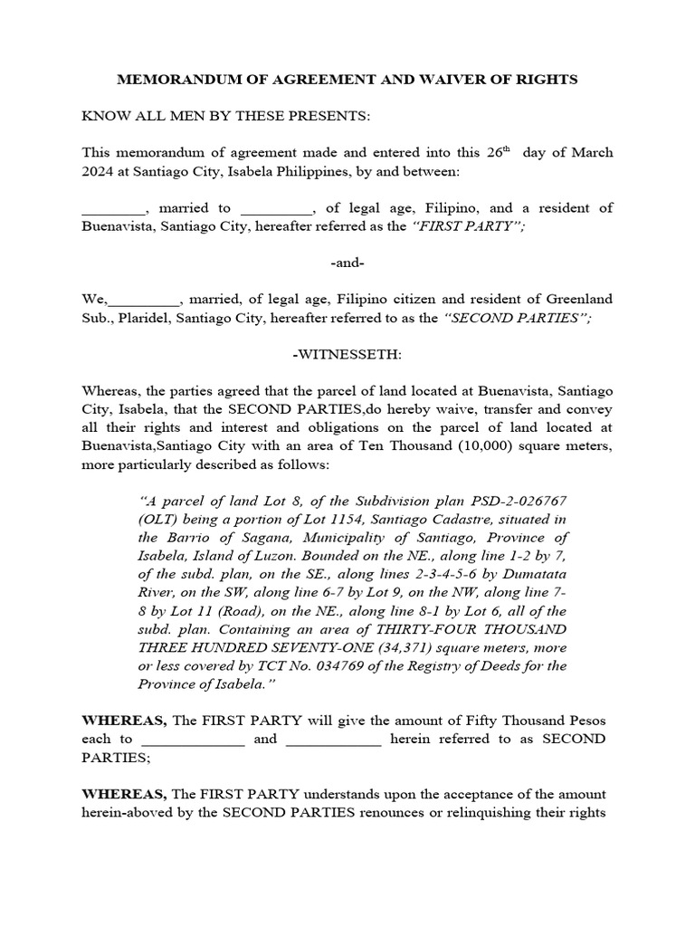 Memorandum of Agreement & Waiver of Rights | PDF | Civil Law (Common ...