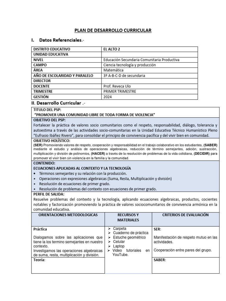 Plan de Desarrollo Curricular 2024 Secundaria | PDF | Ecuaciones ...