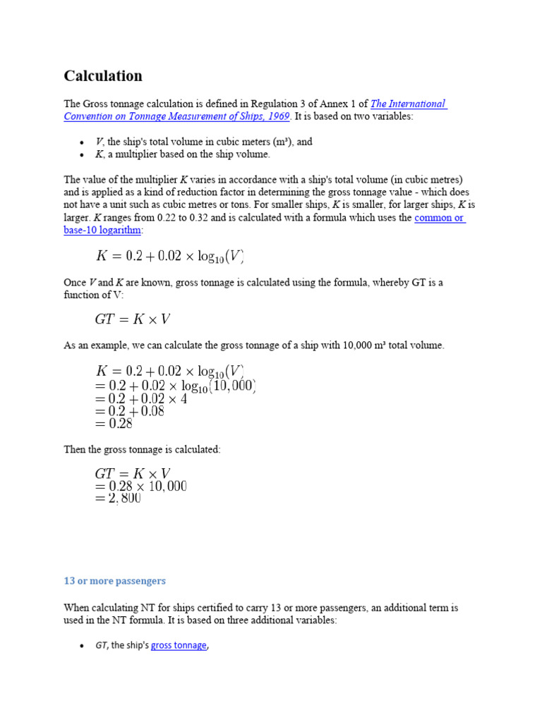 Calculation GROSS TONNAGE PDF Tonnage Shipbuilding