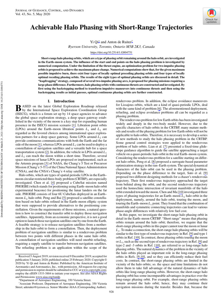Achievable Halo Phasing With Short-Range Trajectories | PDF | Moon | Orbit