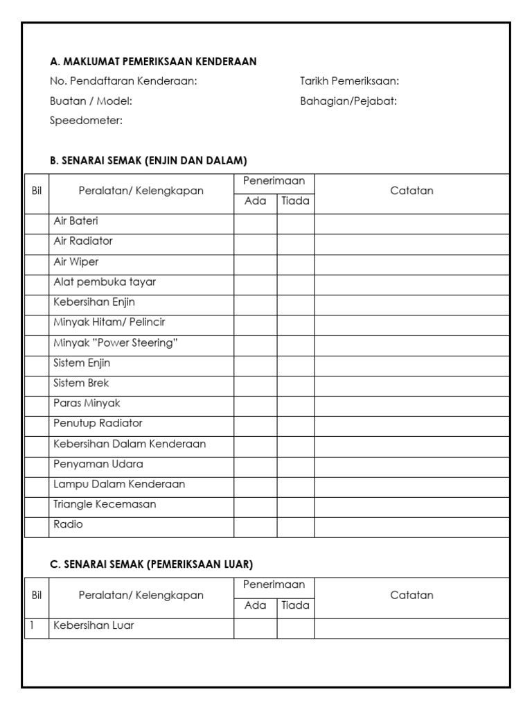 Borang Pemeriksaan Kenderaan | PDF