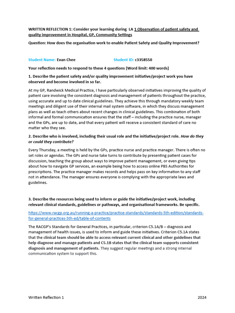 Quality of Healthcare Improvement WRITTEN REFLECTION 1-3 | PDF ...