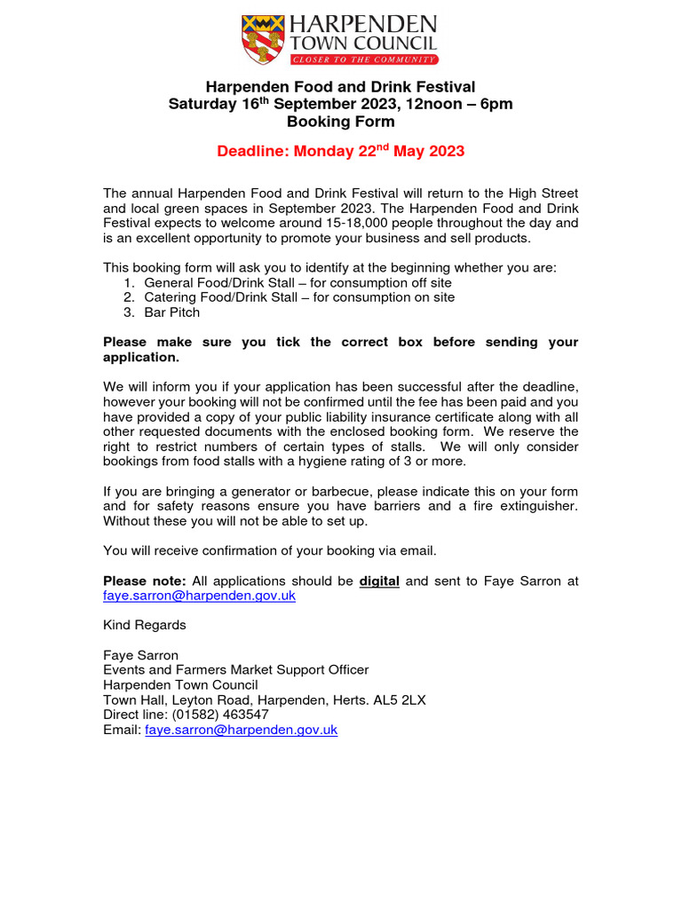 Harpenden Food & Drink Festival 2023 Stallholder Booking Form PDF