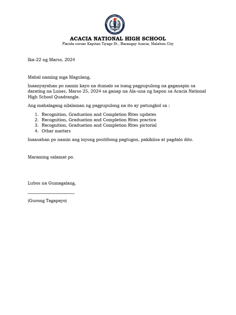 Liham Paanyaya para Sa Pagpupulong 1 | PDF