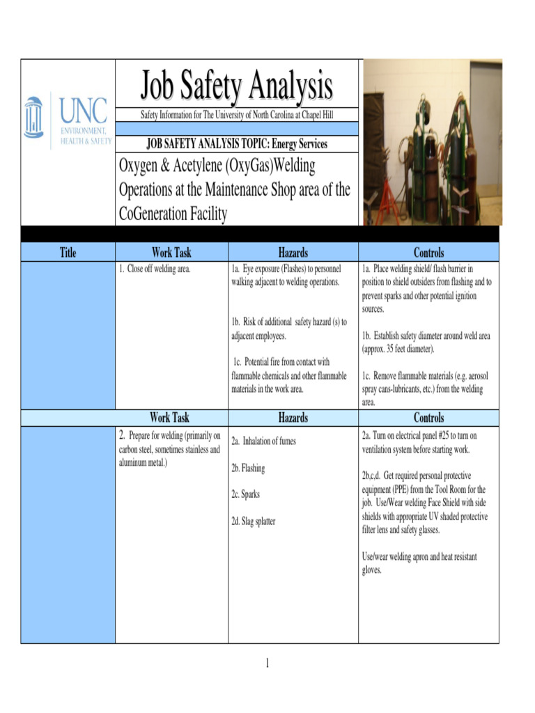 UNC Job Safety Analysis: OxyGas Welding | PDF | Welding | Construction