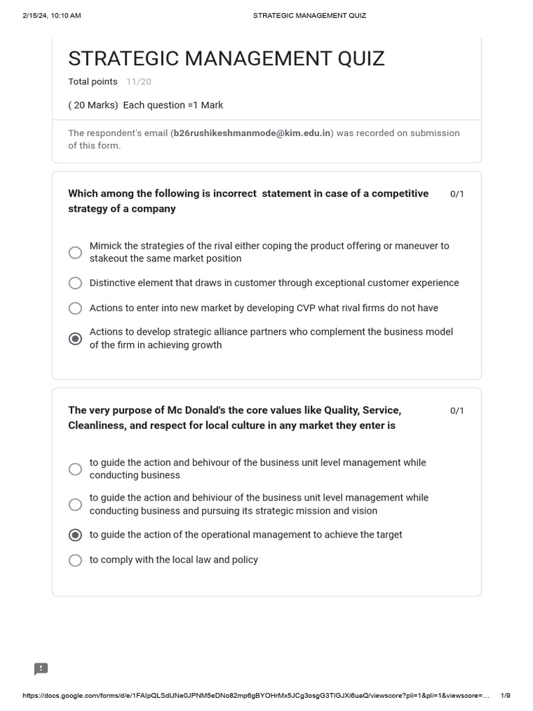 Strategic Management Quiz Insights | PDF | Strategic Management | Business