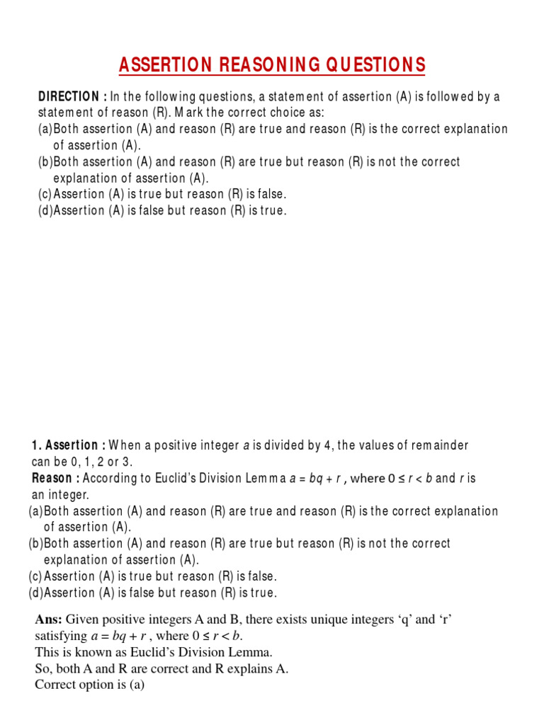 Assertion Reasoning Questions Part1 Download Free PDF Mathematics