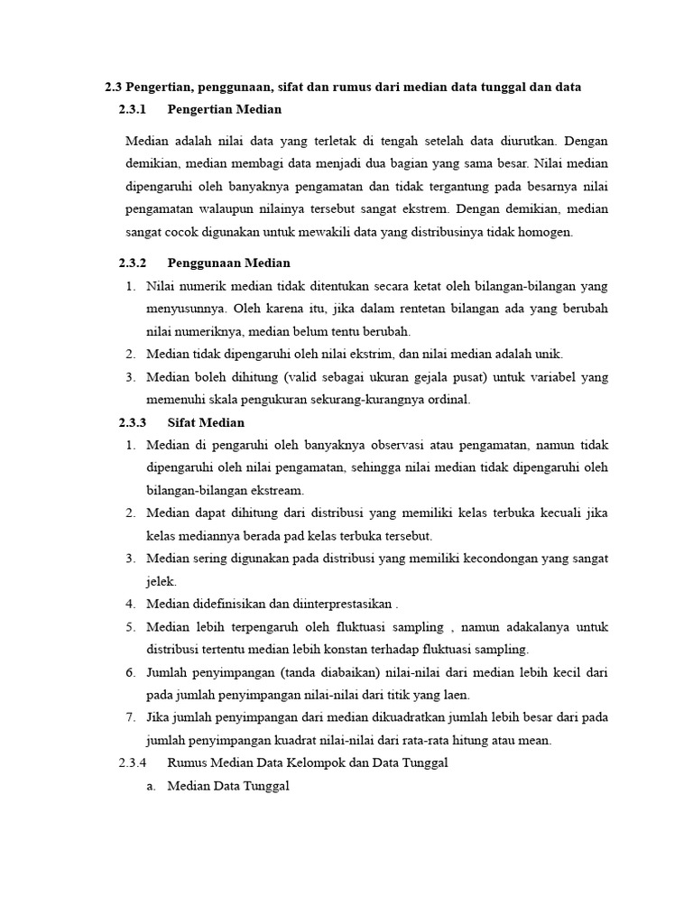 Pengertian penggunaan sifat dan rumus dari median data tunggal dan