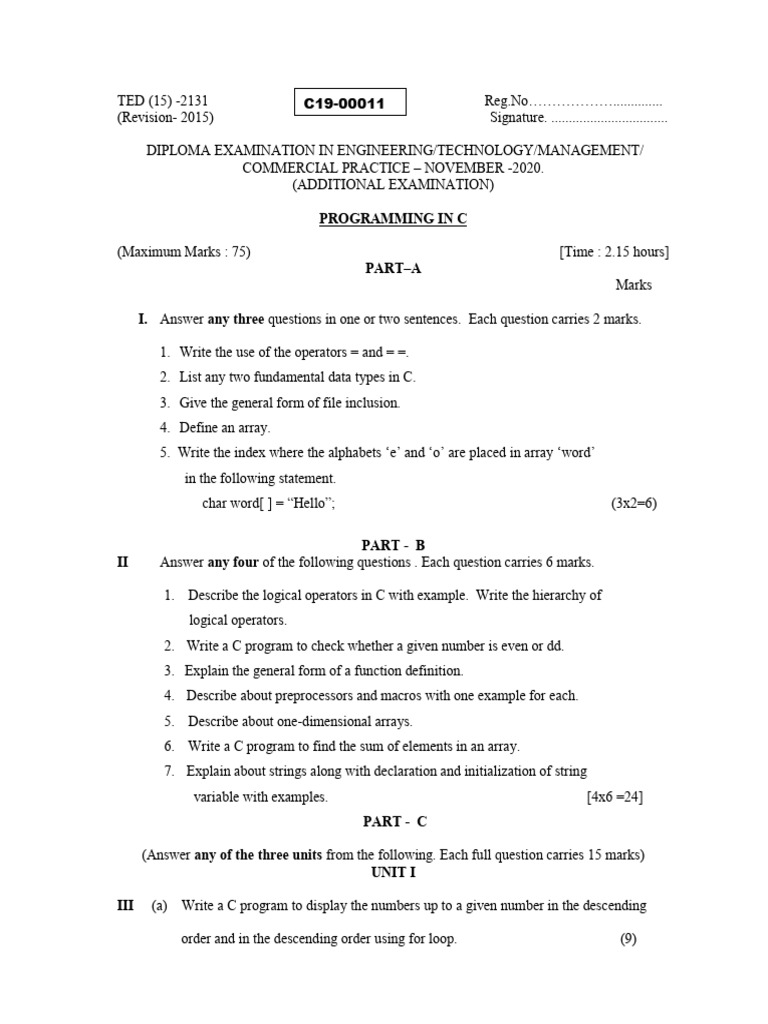 C Programming Diploma Exam Paper | PDF | Computer Program | Programming