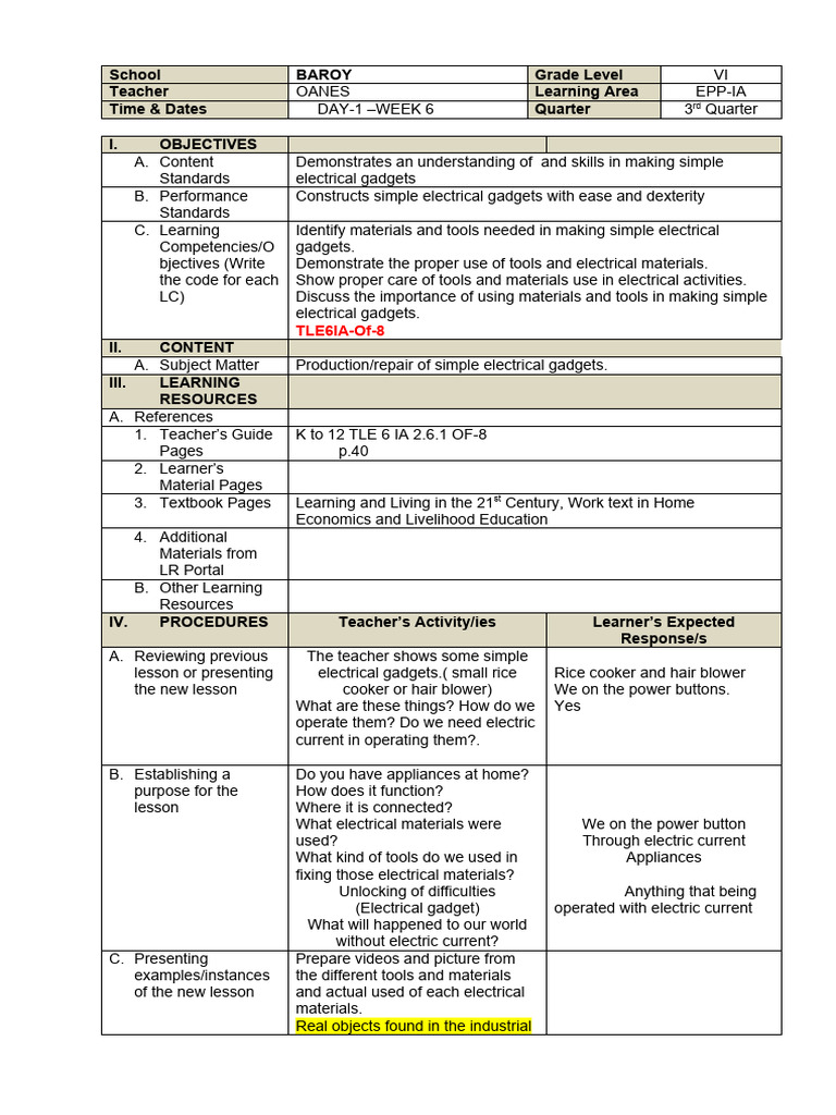 Electrical Gadgets Lesson Plan Grade 6 | PDF | Electrical Connector | Tools
