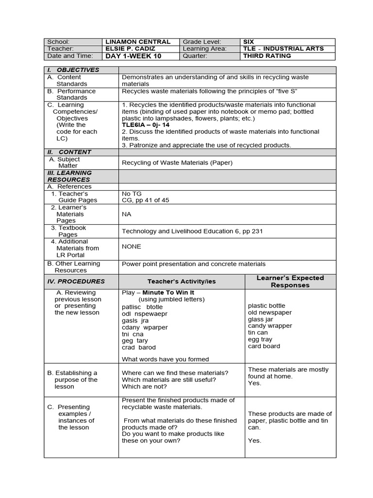 Recycling Waste Materials in TLE 6 | PDF | Recycling | Scrap