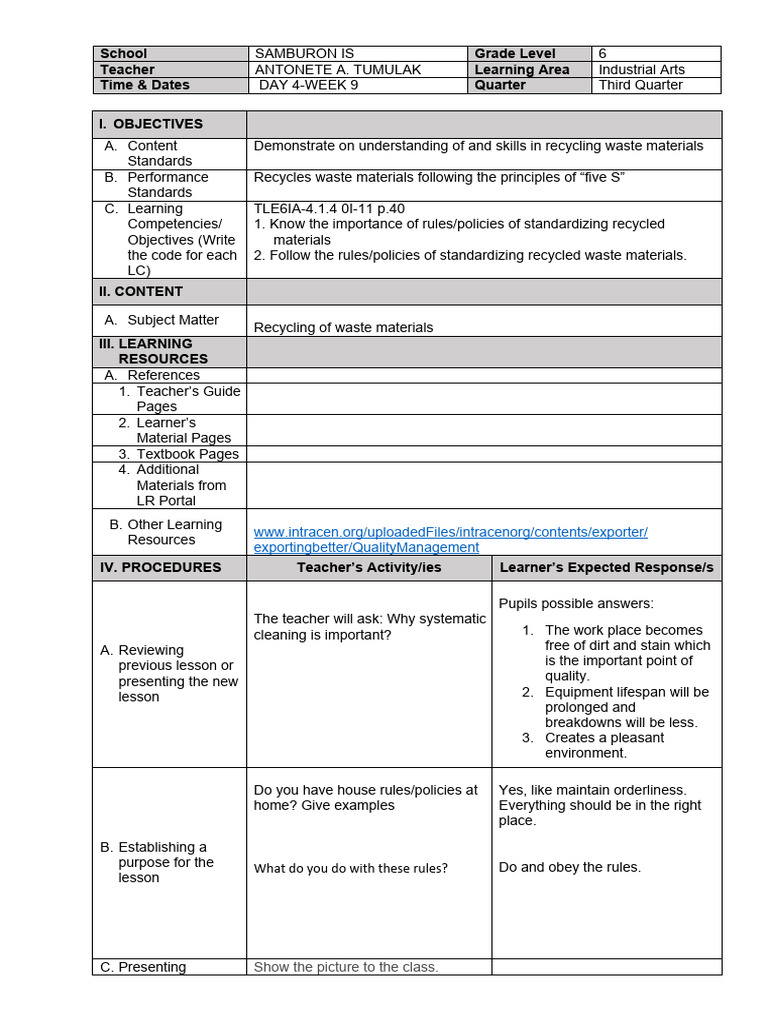 Recycling Waste Management Lesson Plan | PDF | Learning | Teachers