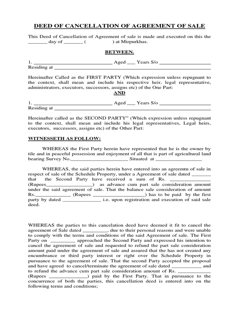 Deed of Cancellation of Agreement of Sale | PDF | Deed | Civil Law ...