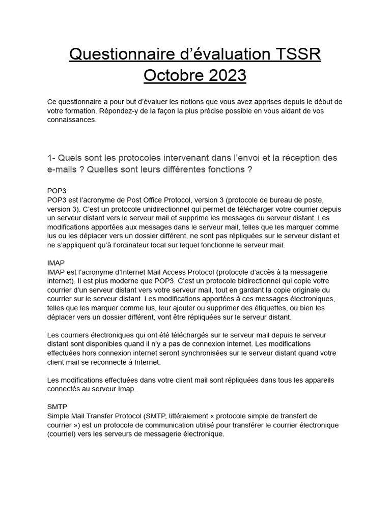 Questionnaire d'évaluation TSSR 2023 | PDF | Serveur (Informatique ...