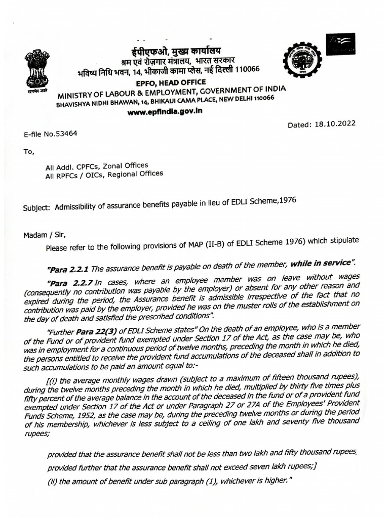 EDLI Circular Dated 18-10-2022 | PDF