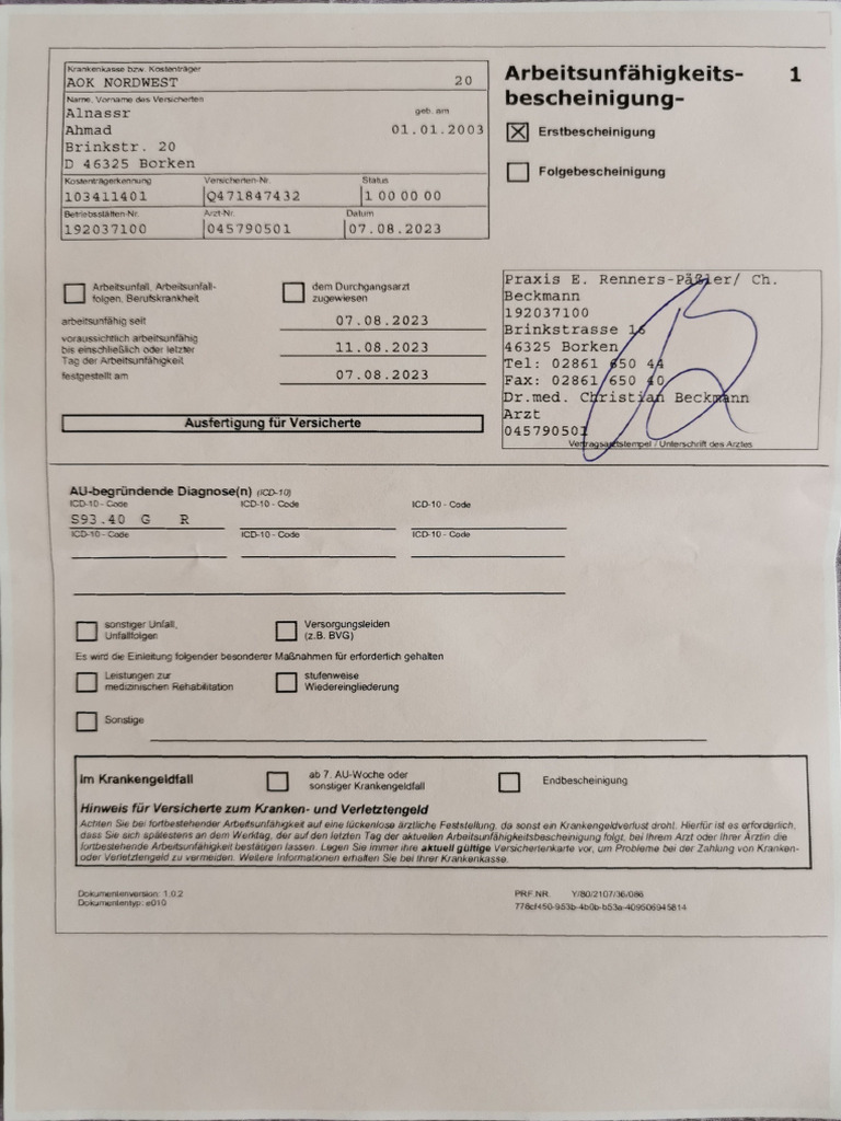 Arbeitsunfähigkeitsbescheinigung | PDF