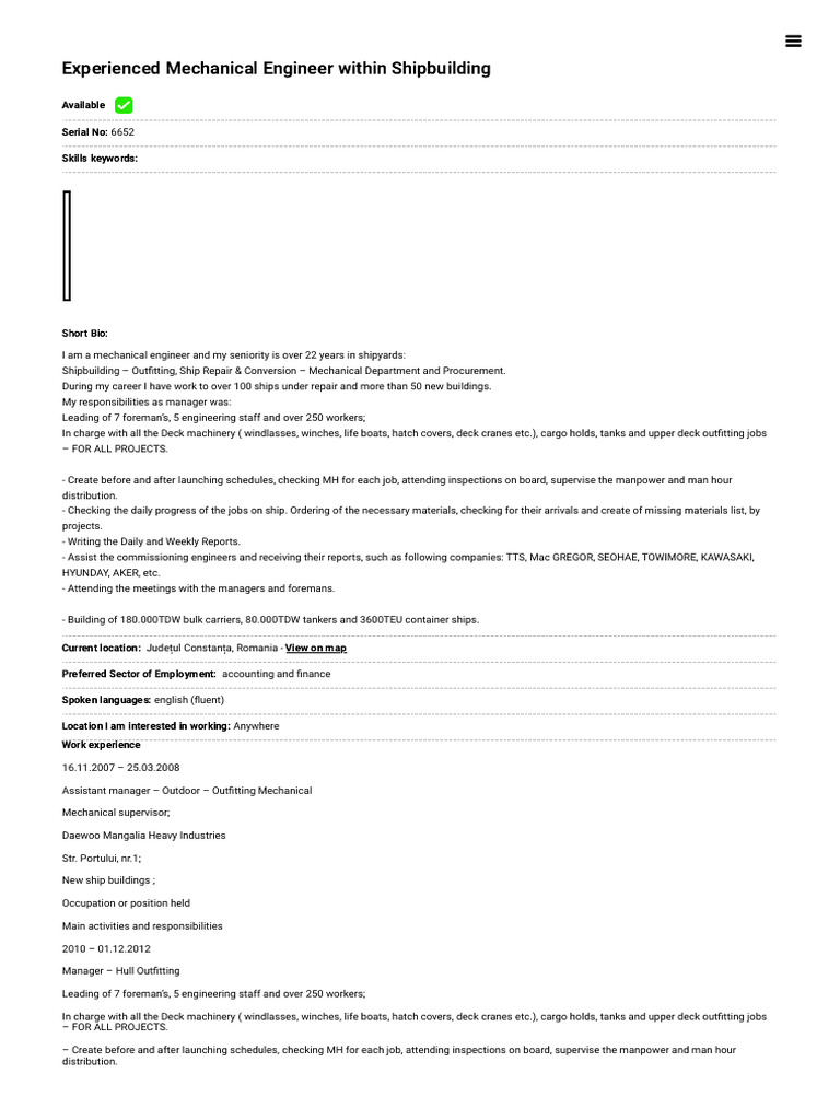 Experienced Shipbuilding Mechanical Engineer | PDF | Ships | Shipbuilding