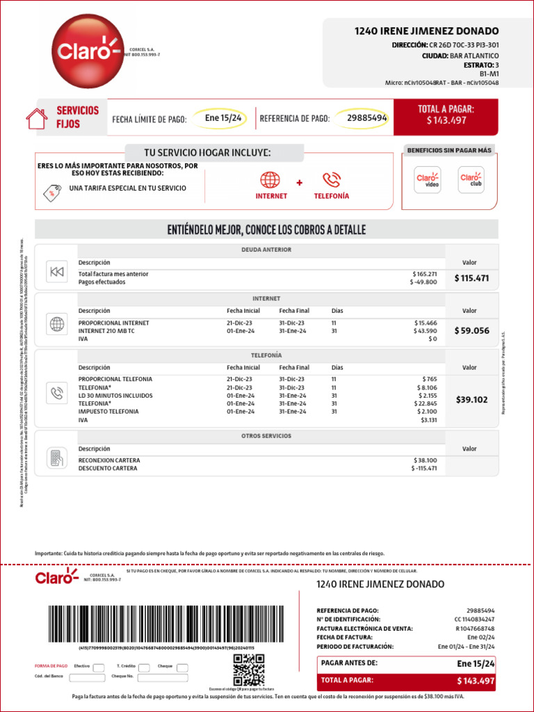 Factura Electrónica COMCEL S.A. Enero 2024 | PDF | Factura | Industrias ...