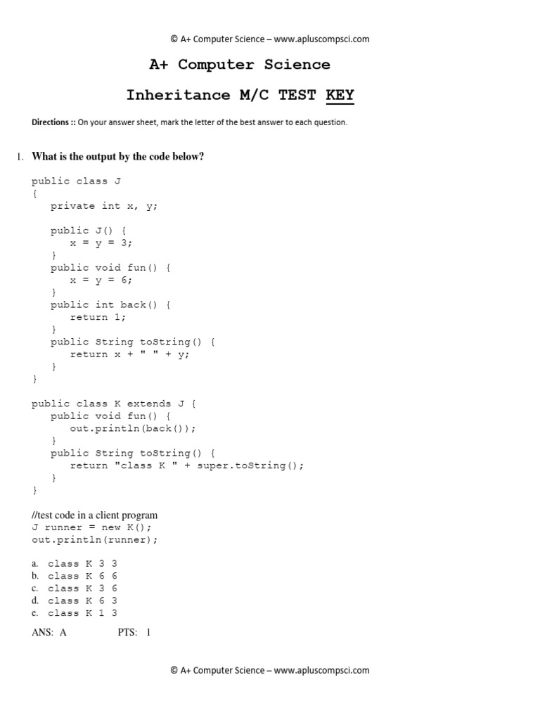Inheritance Test Java Aplus KEY PDF | PDF | Method (Computer ...
