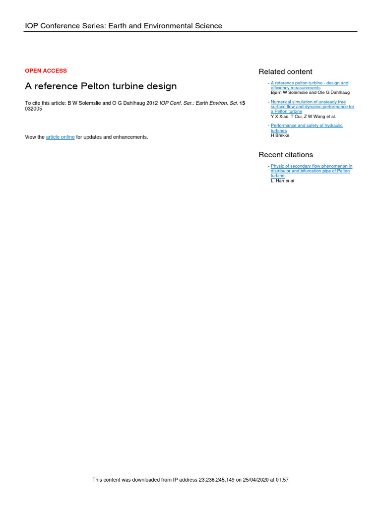 Reference Design for Pelton Turbines | PDF | Turbine | Continuum Mechanics