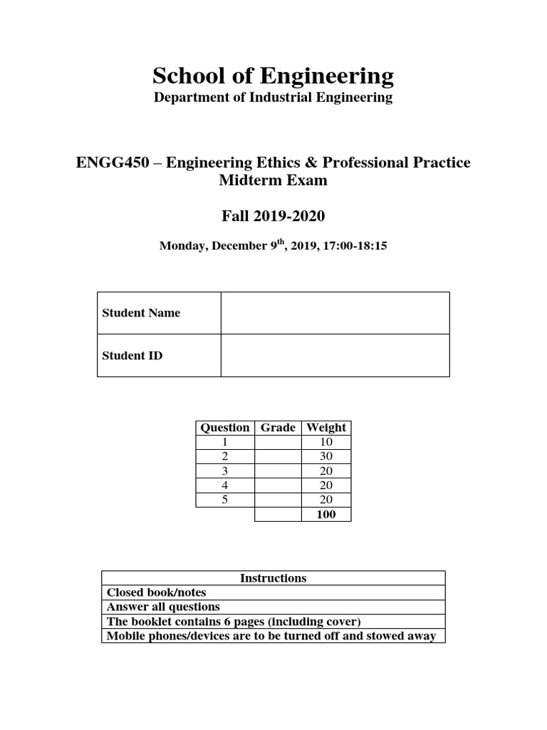 ENGG450 Midterm - Fall 2019 | PDF | Utilitarianism | Engineer