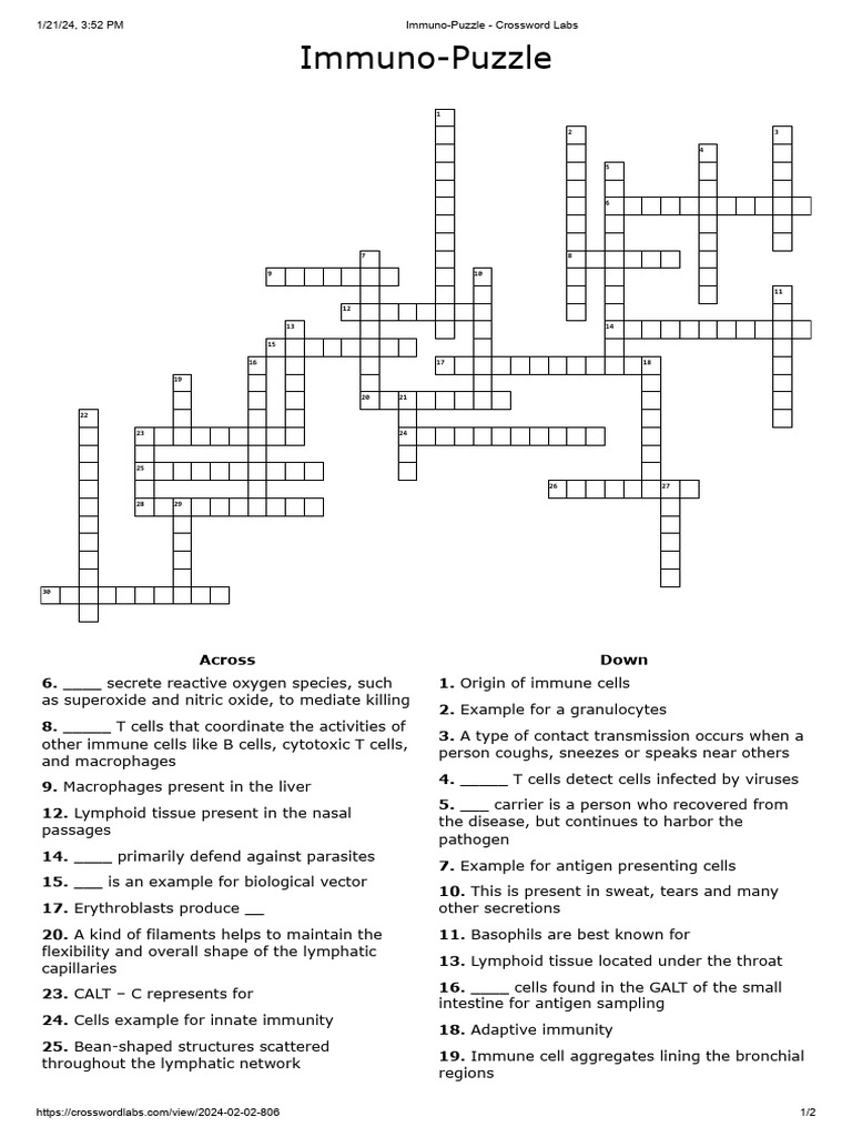 Immuno Puzzle Crossword Labs PDF Lymphatic System Immune System Immuno Puzzle Crossword Labs PDF Lymphatic System Immune System