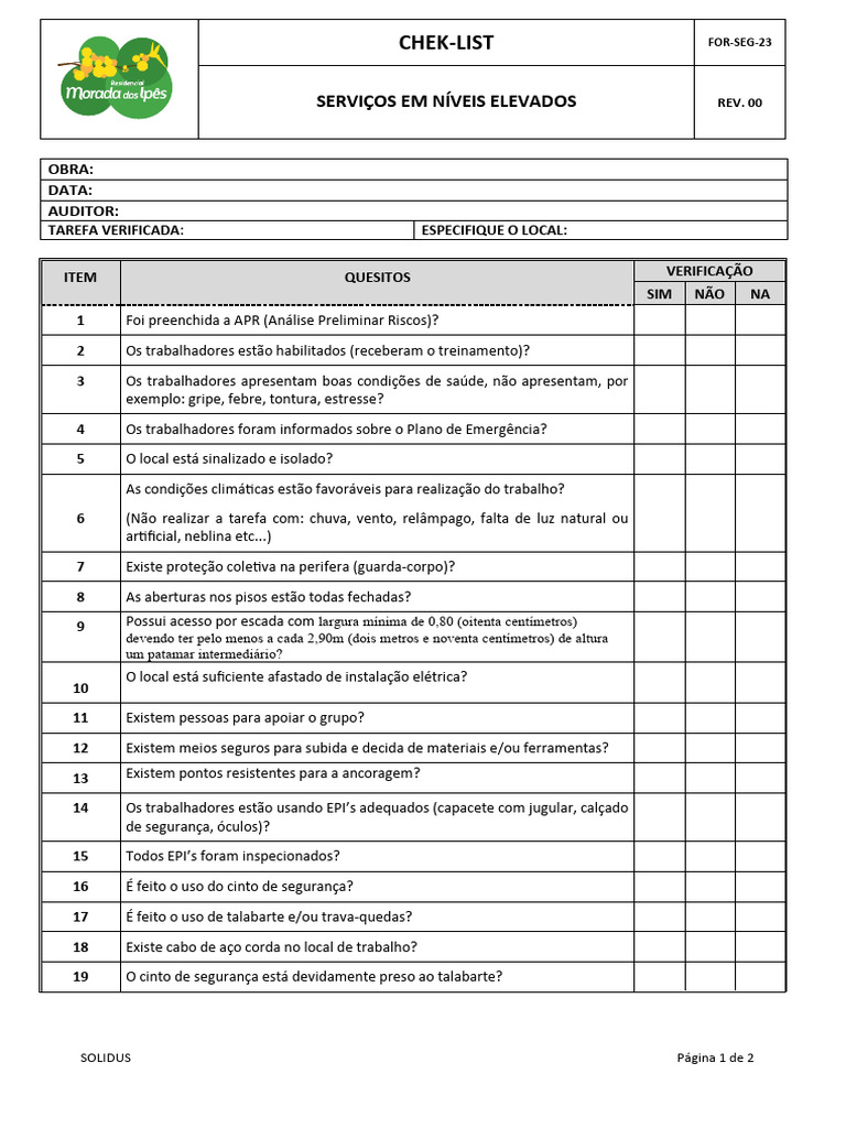 Checklist Segurança Serviços Elevados | PDF