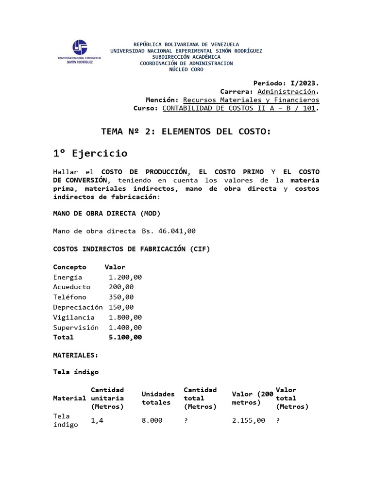 Ejercicio Unidad 2 - Contabilidad de Costos Ii | PDF | Materiales ...