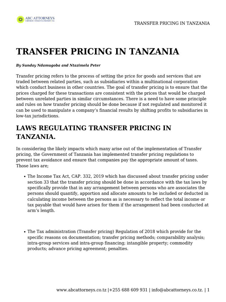 Transfer Pricing in Tanzania Download Free PDF Government Finances