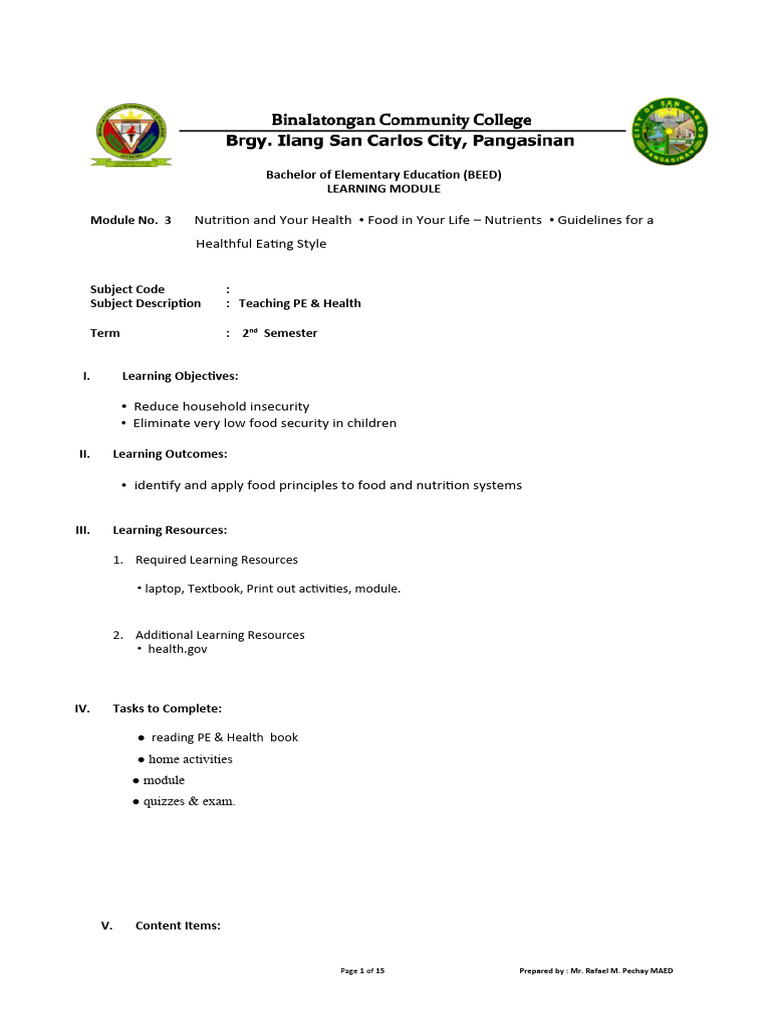 Nutrition and Health Education Module | PDF | Healthy Diet | Foods