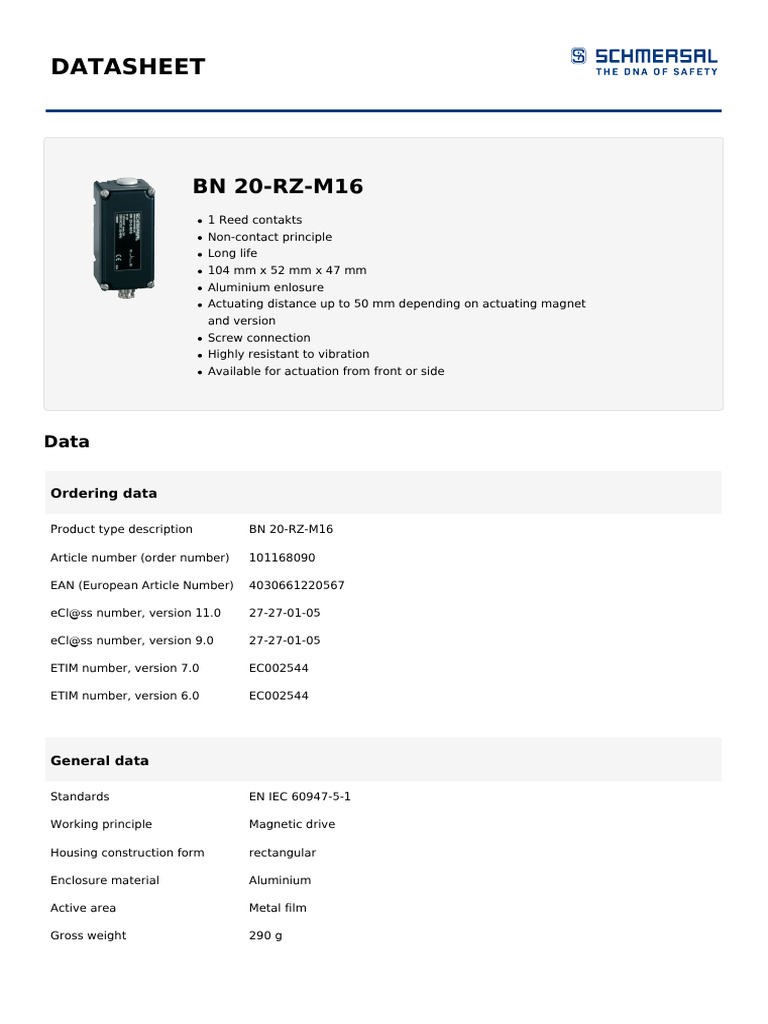 BN 20-RZ-M16 Reed Contact Datasheet | PDF | Electrical Engineering ...