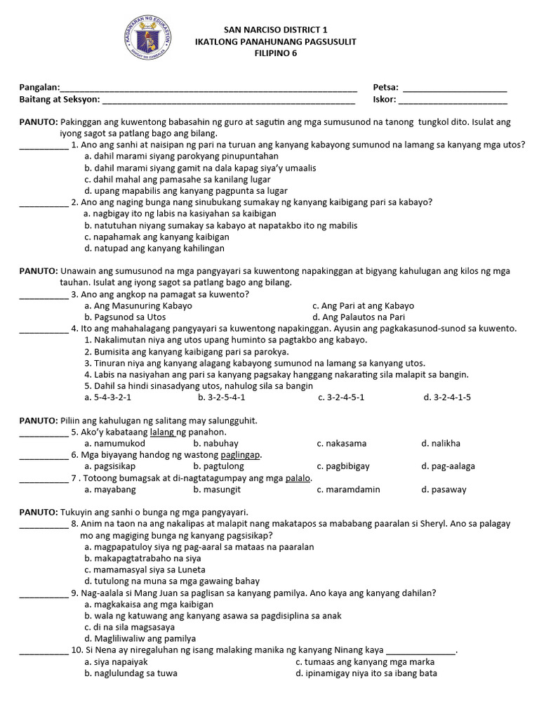 FILIPINO VI 3RD QUARTER MDAT Pupils | PDF