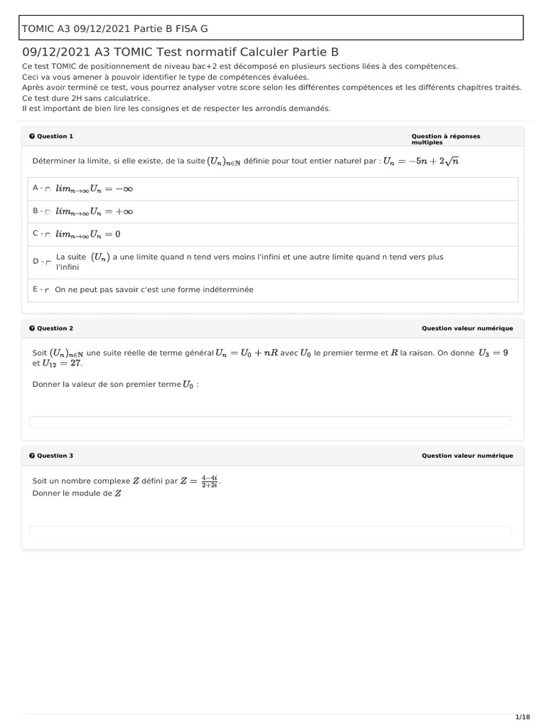 Test TOMIC Partie B - Évaluation Bac+2 | PDF | Zéro d'une fonction ...