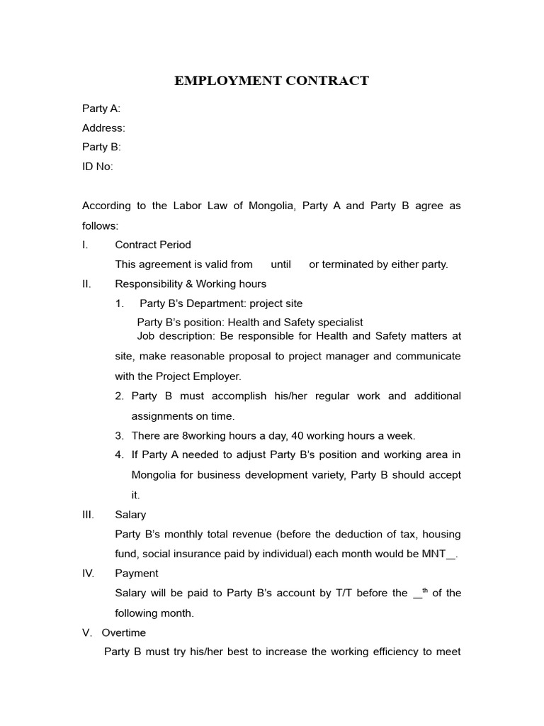Sample Employment Contract | PDF | Employment | Overtime