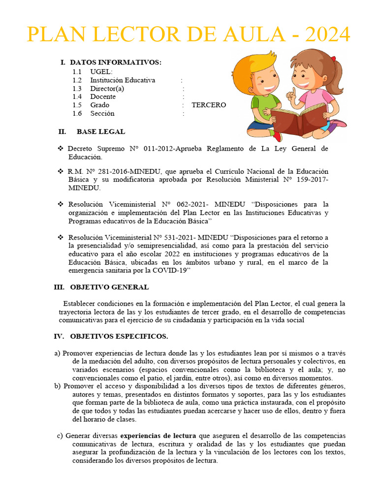 Plan Lector 2024 para Tercer Grado | PDF | Salón de clases | Maestros