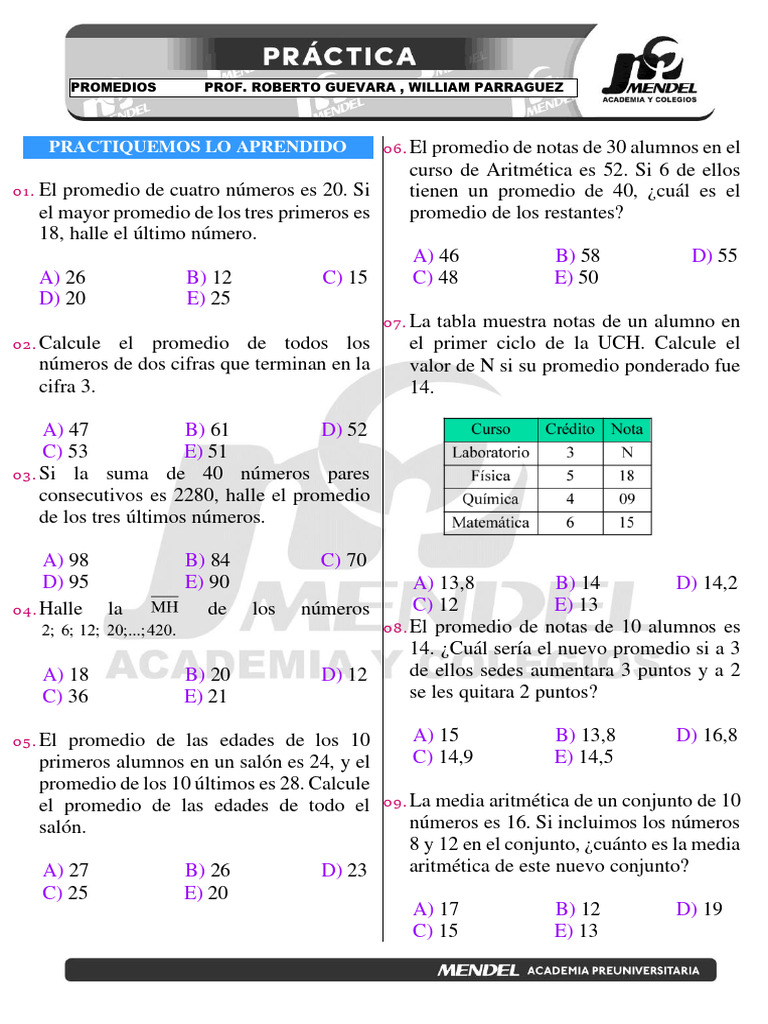 Promedios Cepreunsa Aritmetica Pdf