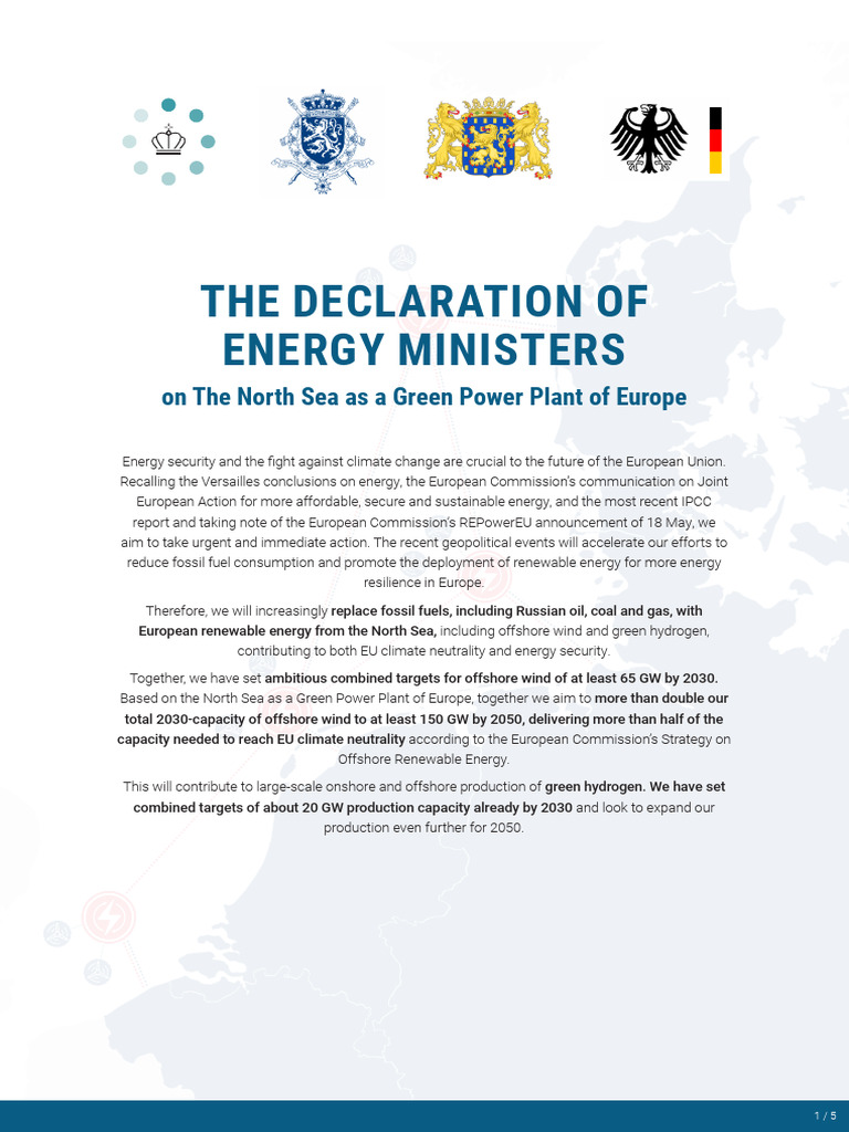 The Declaration Of Energy Ministers On The North Sea As A Green Power