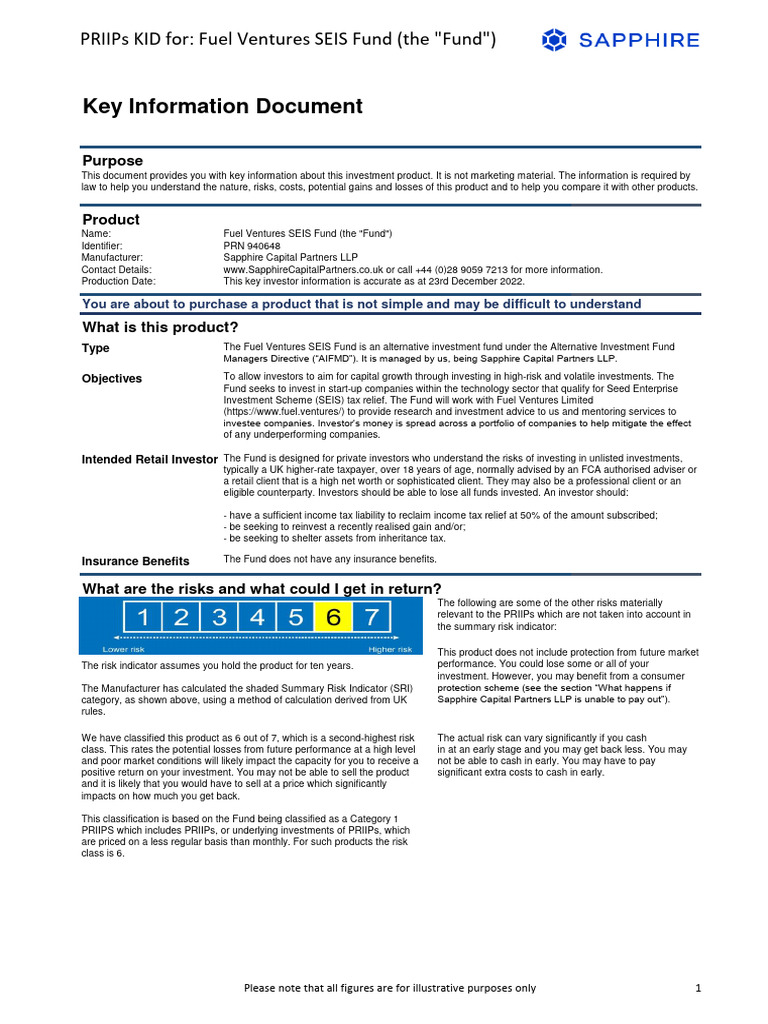 Fuel Ventures SEIS Fund KID PDF Investment Fund Investing