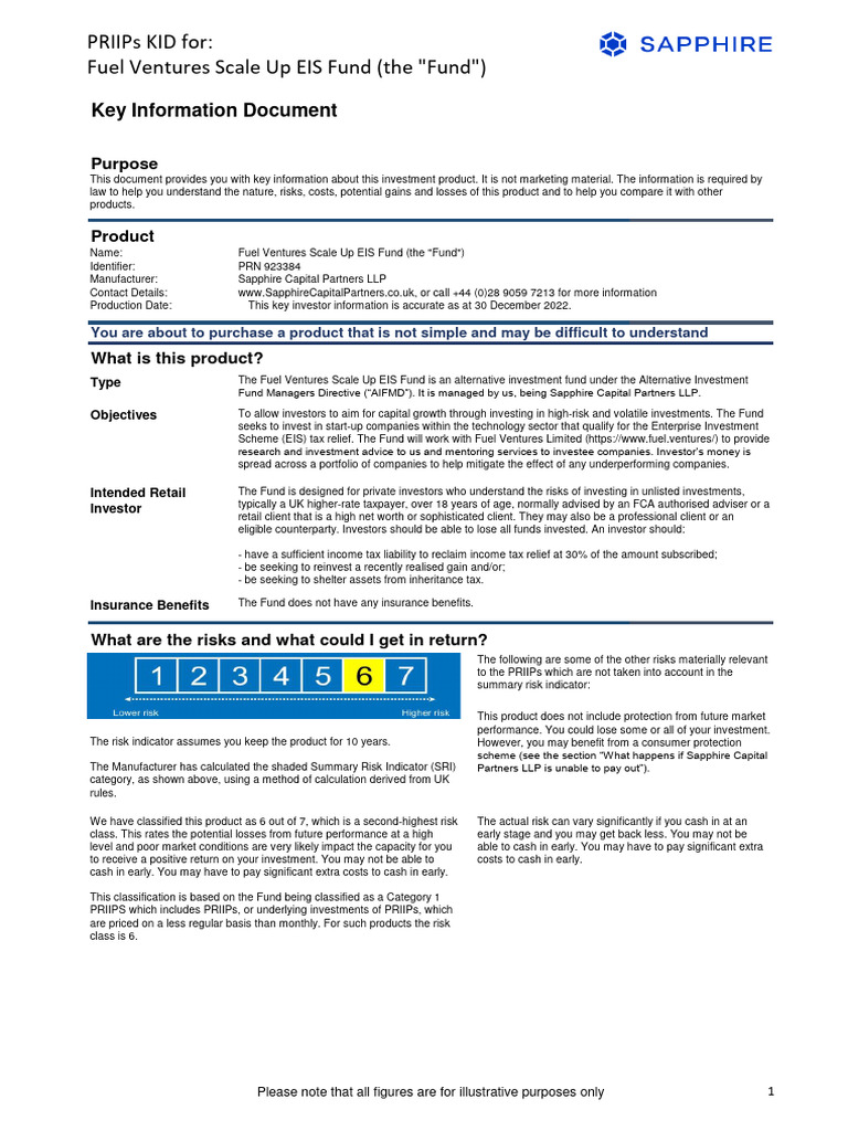 Fuel Ventures Scale Up EIS Fund KID PDF Investing Financial Risk