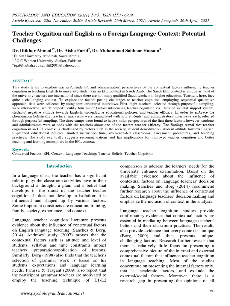 Teacher Cognition and English As A Forei | PDF | Teachers | English As ...